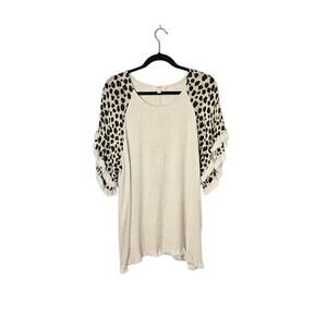 Umgee Womens Linen Blend Tunic Top Large Tan Ruffle Fringe Animal Print Boho
